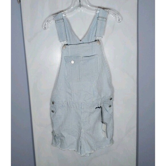 Wallflower Tomboy Fit Utility Shortalls Sz L Denim Pinstripes Cutoffs Romper - Picture 1 of 12